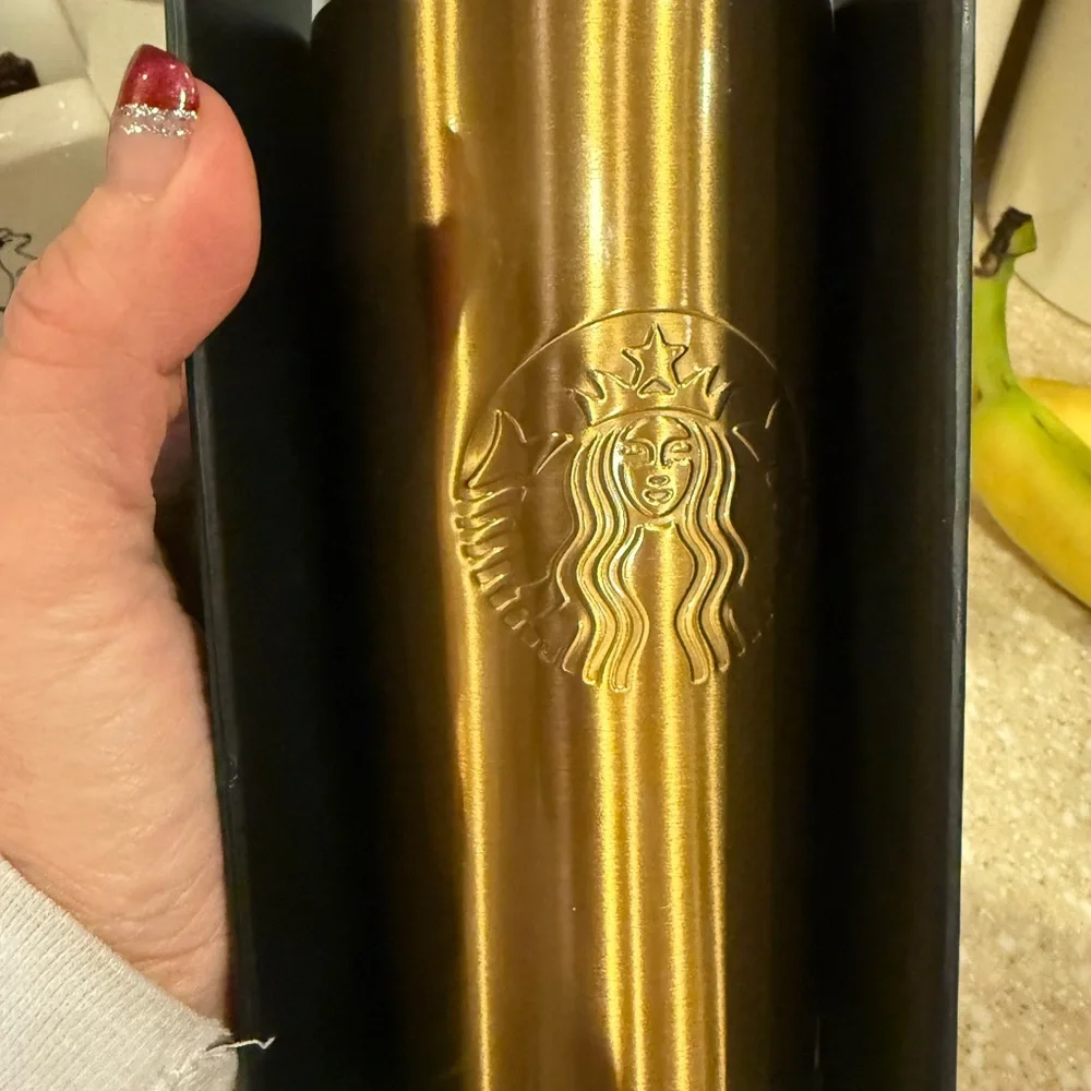 Starbucks Gold Travel Mug Gift set Caffè Verona Metal  Gold Cup Clear Lid NEW